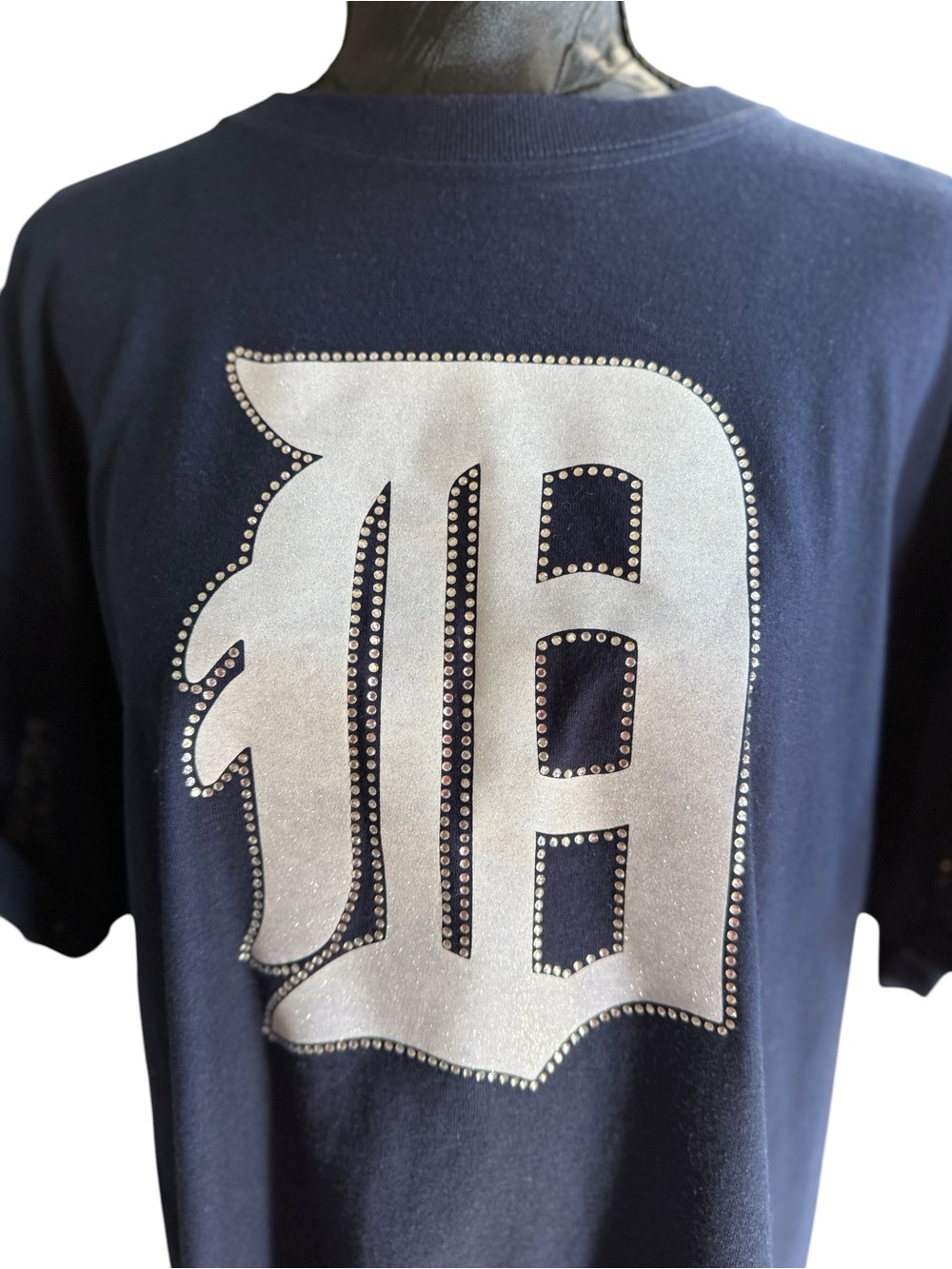 Detroit D Graphic Tee Womens XL Navy Oversized Rhinestone Heavyweight Shirt